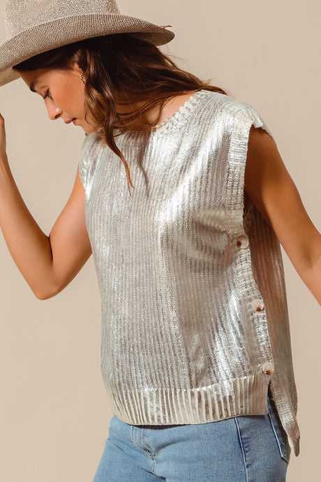 Ivory Silver Metallic Foil Sweater Vest 10/7/25 1179