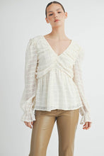 Ivory Sheer Textured V-Neck Blouse with Back Ribbon
