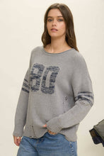 Oatmeal Distressed Long Sleeve Varsity Knit Top