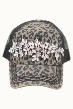 Tan Leopard Floral Vine Bejeweled Glitz Animal Print Trucker Cap, Adj: