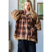 Brown Mixed Plaid Bubble Short Sleeve Oli+Hali Blouse