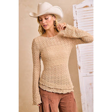Tan Textured Lace Knit Diagonal Hemling Vell Sleeve Top