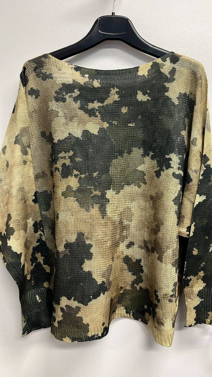 Olive Camouflage Round Knit Printed Sweater