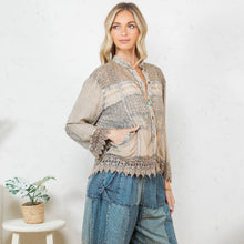 Latte Chic Lace Patch Shacket with White Shell Buttons