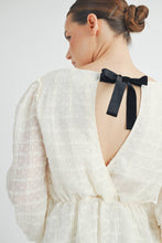 Ivory Sheer Textured V-Neck Blouse with Back Ribbon