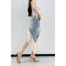 White Blue Asymmetrical Denim Lace Layered Skirt Set