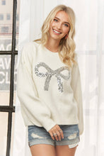 Ivory Front Sequin Bow Crewneck Sweater