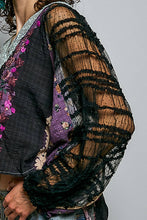Black Long Sleeve V neck Lace Contrast Printed Woven POL Top