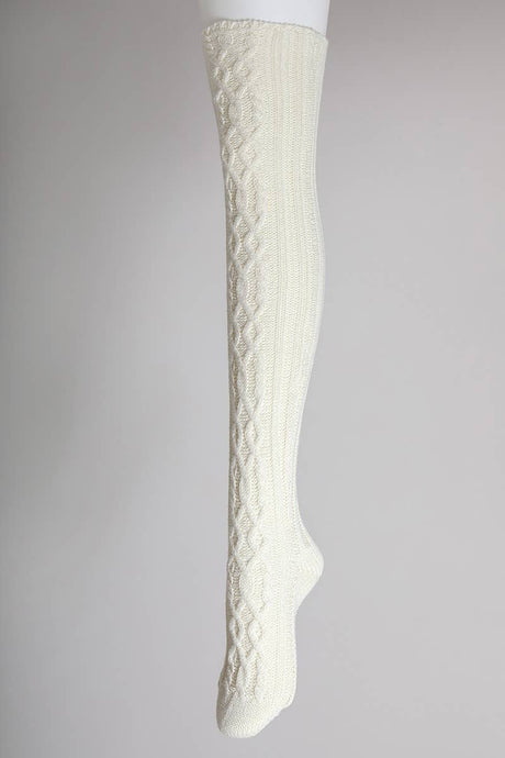 Ivory Bold & Cozy Thigh-High Cable Knit Socks