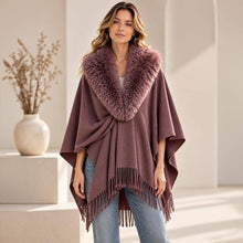 Black Faux Fur Collar Trim Fringe Shawl Poncho