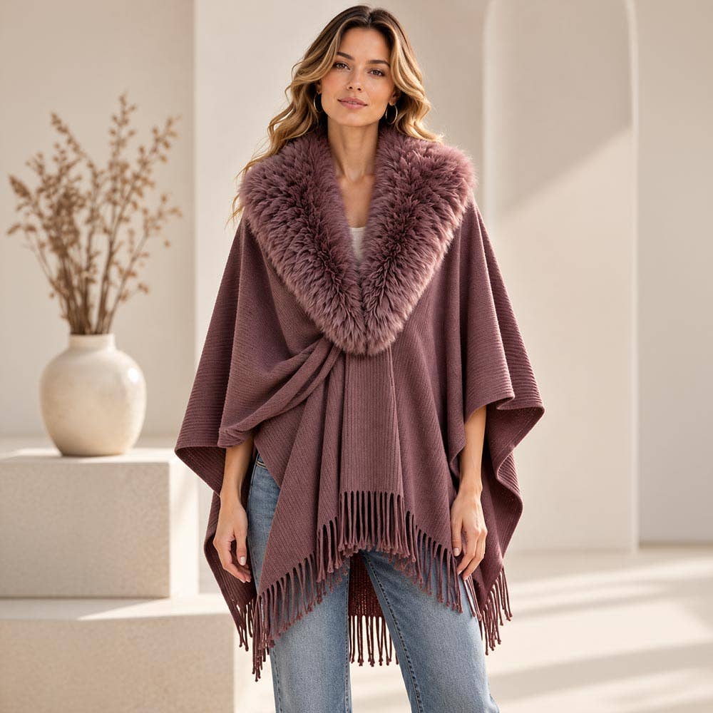 Dark Pink Faux Fur Collar Trim Fringe Shawl Poncho