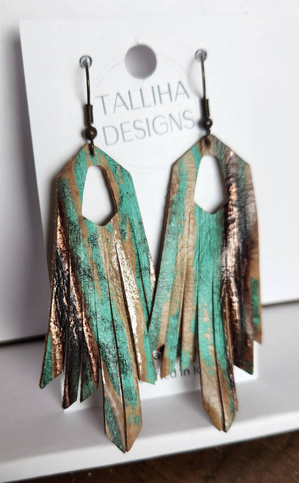 Turquoise Beechwood Leather Boho Western Fringe Earrings