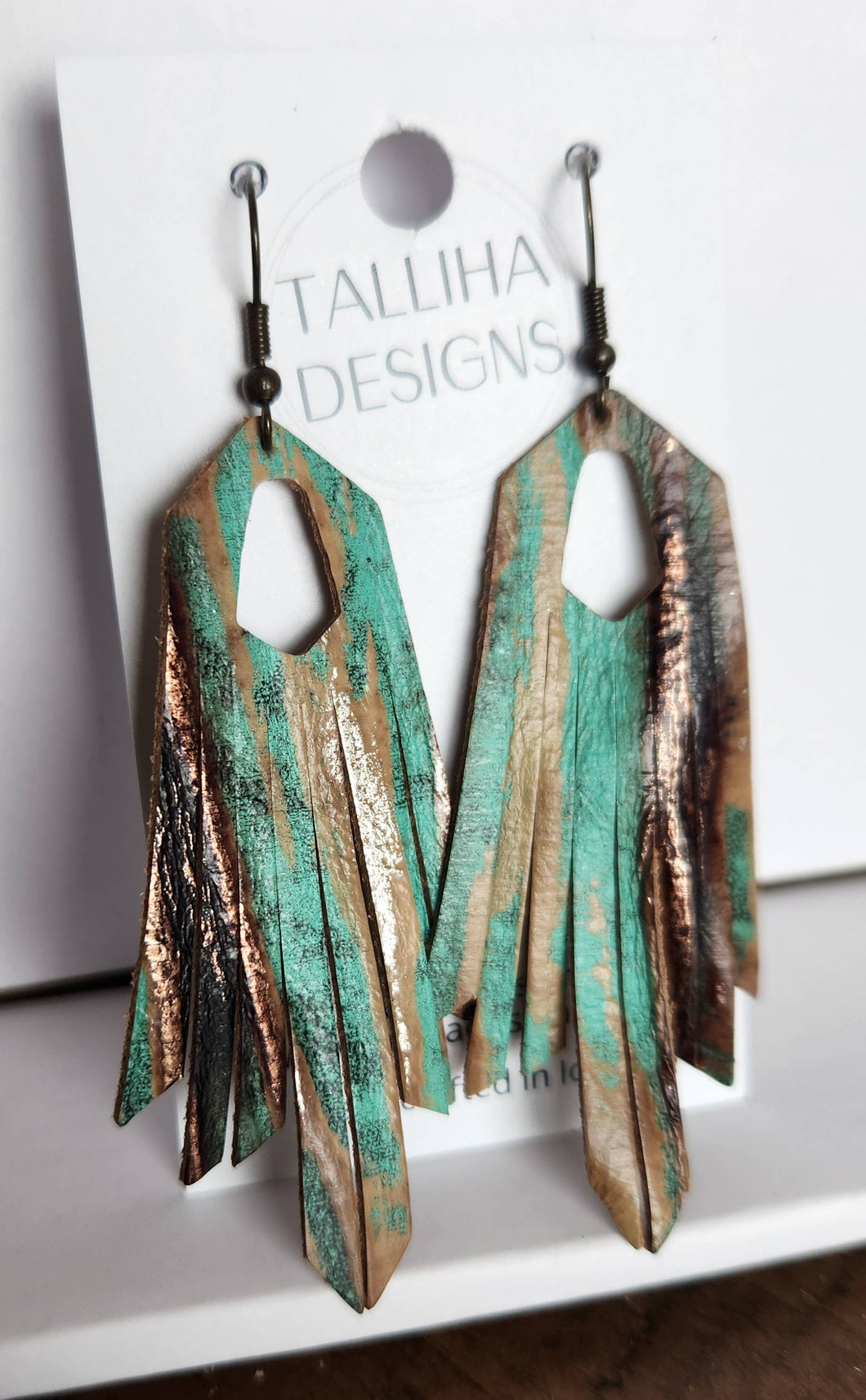 Turquoise Beechwood Leather Boho Western Fringe Earrings