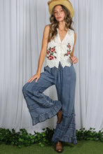 Washed Denim Flared Ruffle Hem Washed Chambray Crop Denim Pants