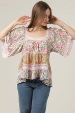 Square Neck Lace Trim Mixed Floral Top