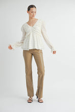 Ivory Sheer Textured V-Neck Blouse with Back Ribbon