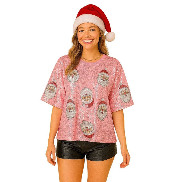 Pink Christmas Santa Sequing Short Sleeve Top