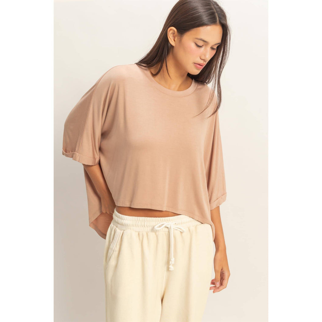 Dark Taupe Relaxed High-Low Batwing Sleeve Top