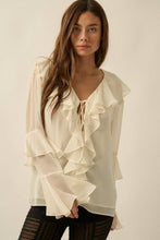 Cream Sheer Chiffon Tie-Front Ruffled Poet Blouse