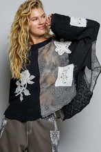 Black Round Neck Long Sleeve Crochet Embroidered Patch Lace POL Top