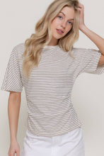 Taupe Black Short Dolman Sleeve Defined Silhouette Stripe Knit Top