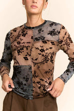 Mocha Blue Floral Flocked Patchwork Mesh DD Top