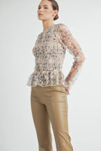 Cream Sheer Smocked Embroidered Mesh Peplum Top