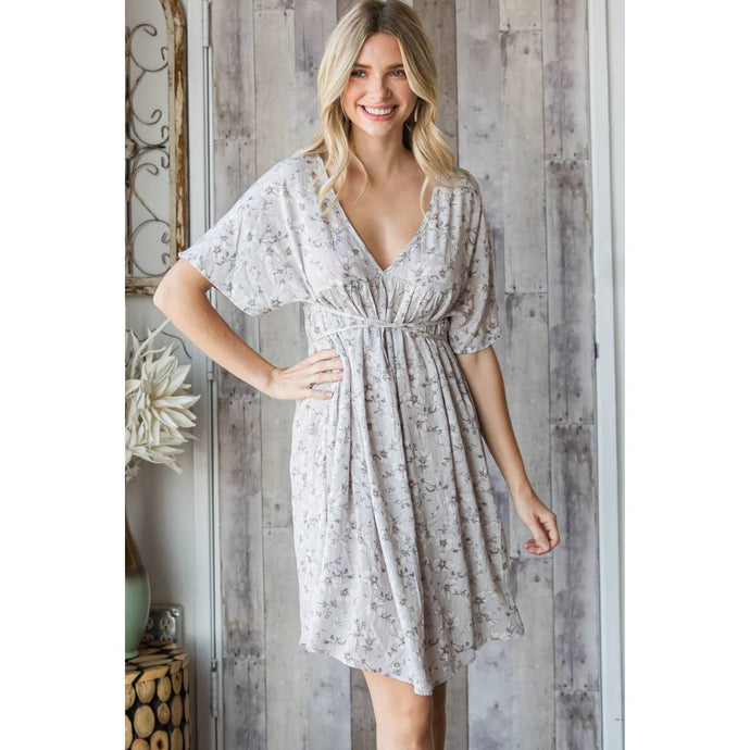 Grey Floral Deep V Neck Tie Waist Dress