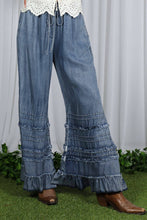 Washed Denim Flared Ruffle Hem Washed Chambray Crop Denim Pants