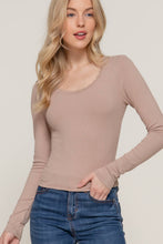 Khaki Long Sleeve Scoop Neck with Lace Trim Rib Knit Top