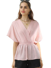 Light Pink V Neck Batwing Sleeve Silk Blouse