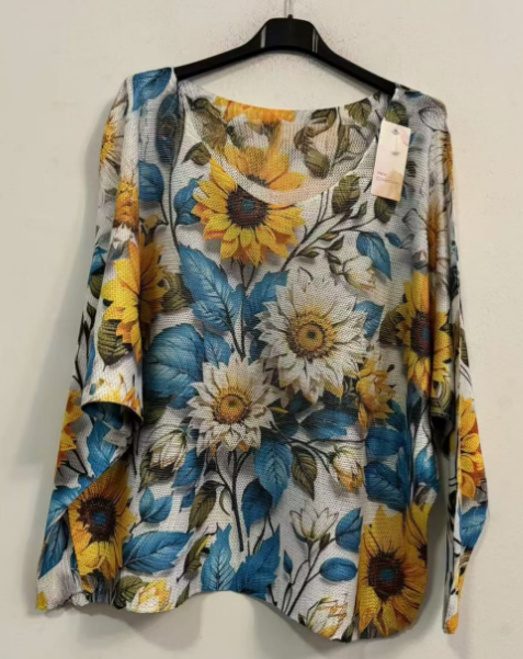 Yellow Sunflower  V-Neck Knit Printed Sweater