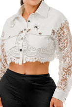 White Pearl Brooch & Lace Sleeve Cropped Denim Jacket