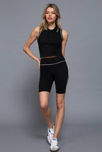 Black Off White Waist Band Workout Biker Shorts with Contrast Piping