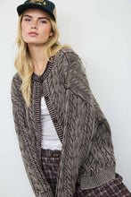 WASHED PATTERN CABLE KNIT BUTTON DOWN CARDIGAN: LIGHT KHAKI