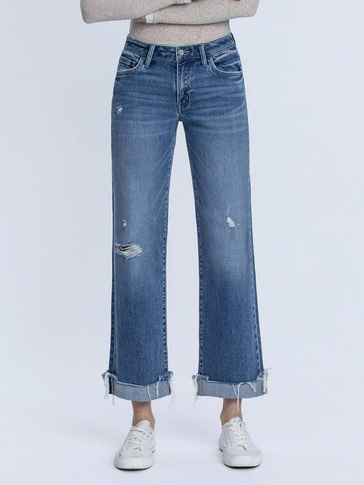 Charming Mid Rise Medium Dark Wash Cuffed Slim Wide Vervet Jeans