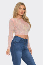 Pink Rhinestone Sheer Mesh Long Sleeve Crop Top