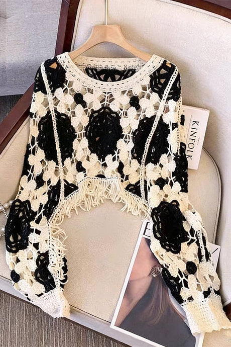 Black Elegant Fringe Crochet Knit Top
