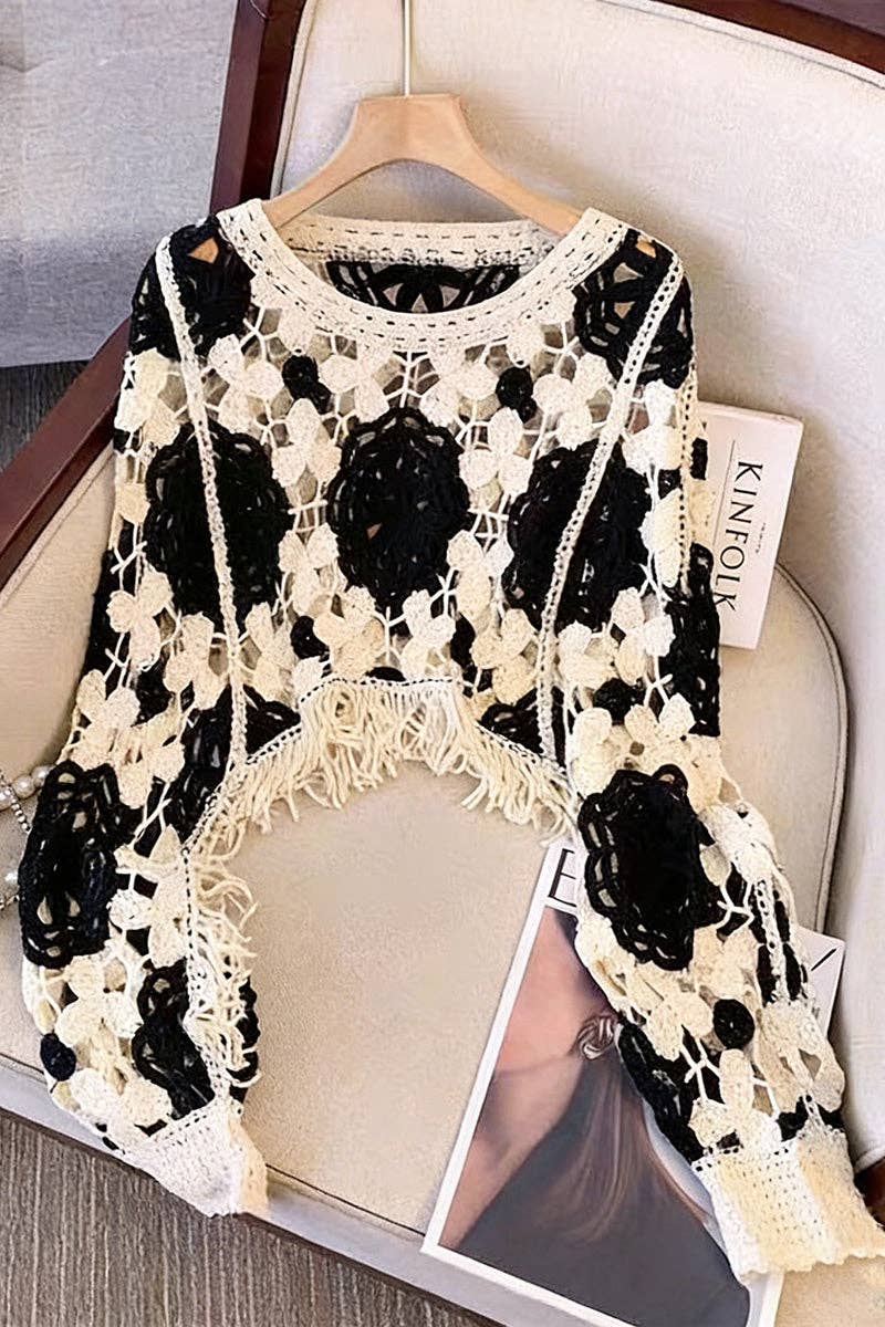Black Elegant Fringe Crochet Knit Top