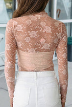 Apricot Pink Sheer Floral Lace Mesh Mock Neck Long Sleeve Top