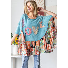 Blue Wahed Round Neck Love Patchwork Ruffle Hem Oli+Hali Top