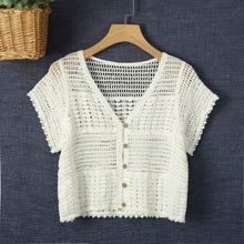Beige Crosa - Hollow-Out Knit Short-Sleeve Cardigan