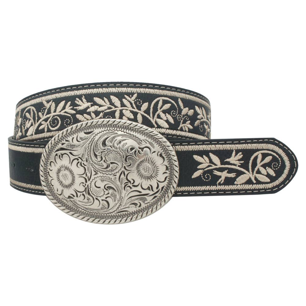 Black Plus Emroidered Strap Oval Buckle Belt