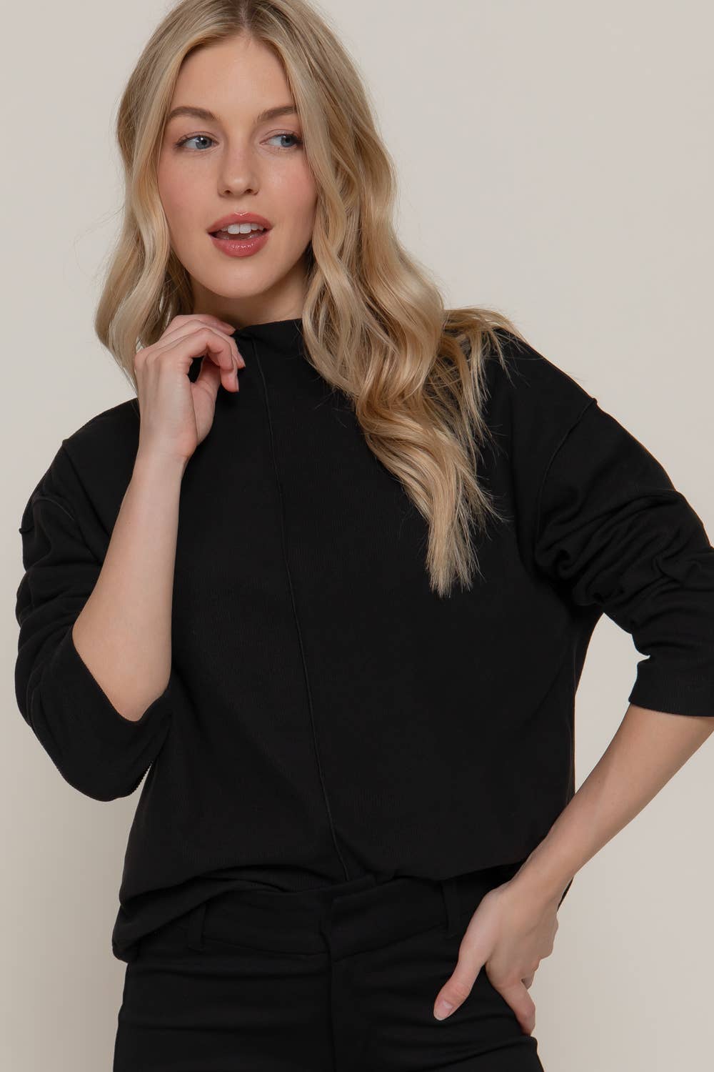 Black Long Sleeve Visible Overlocked Seams Detail Brushed Rib Top