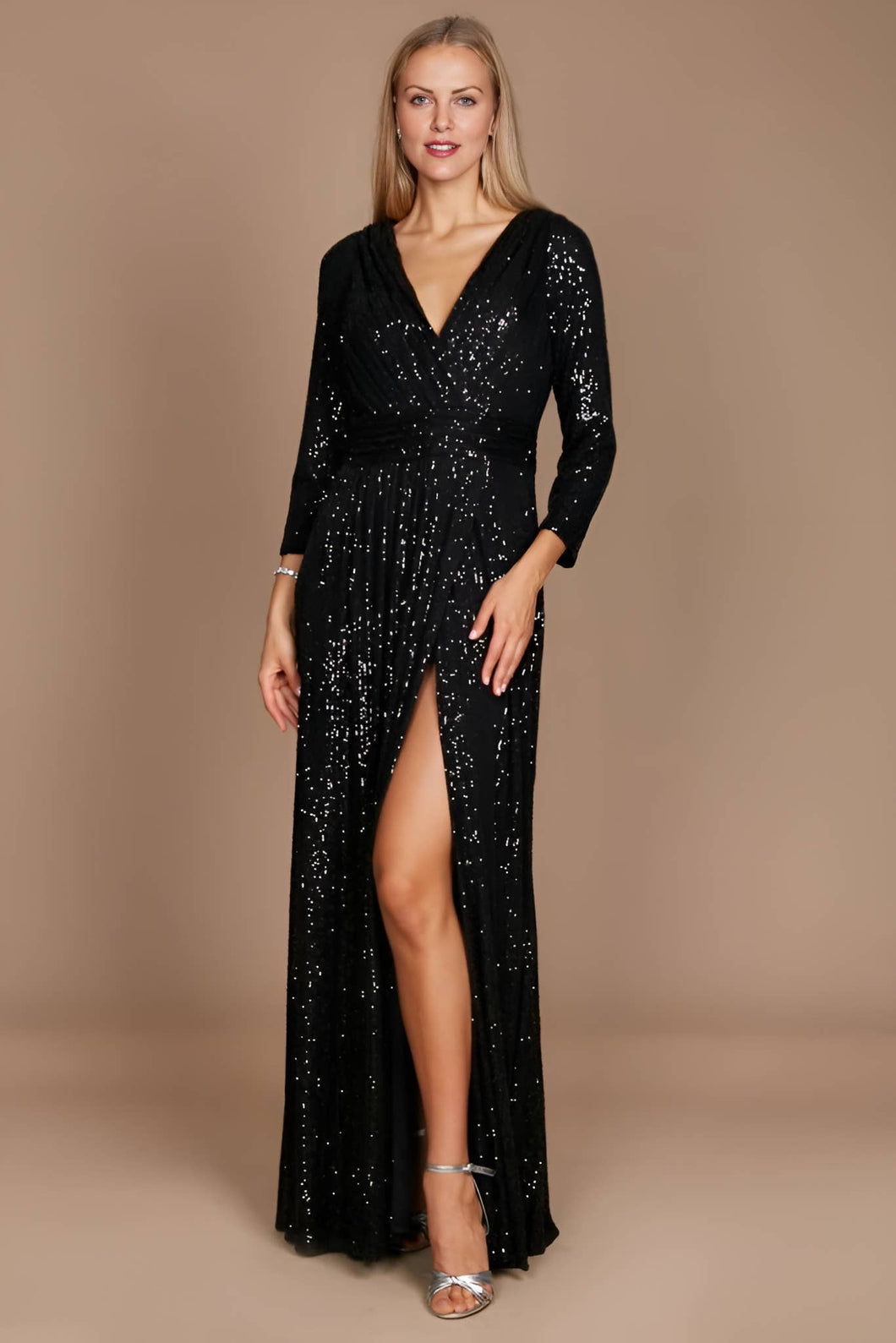 Black Long Sleeve Sequin Formal Hand Beaded Dress