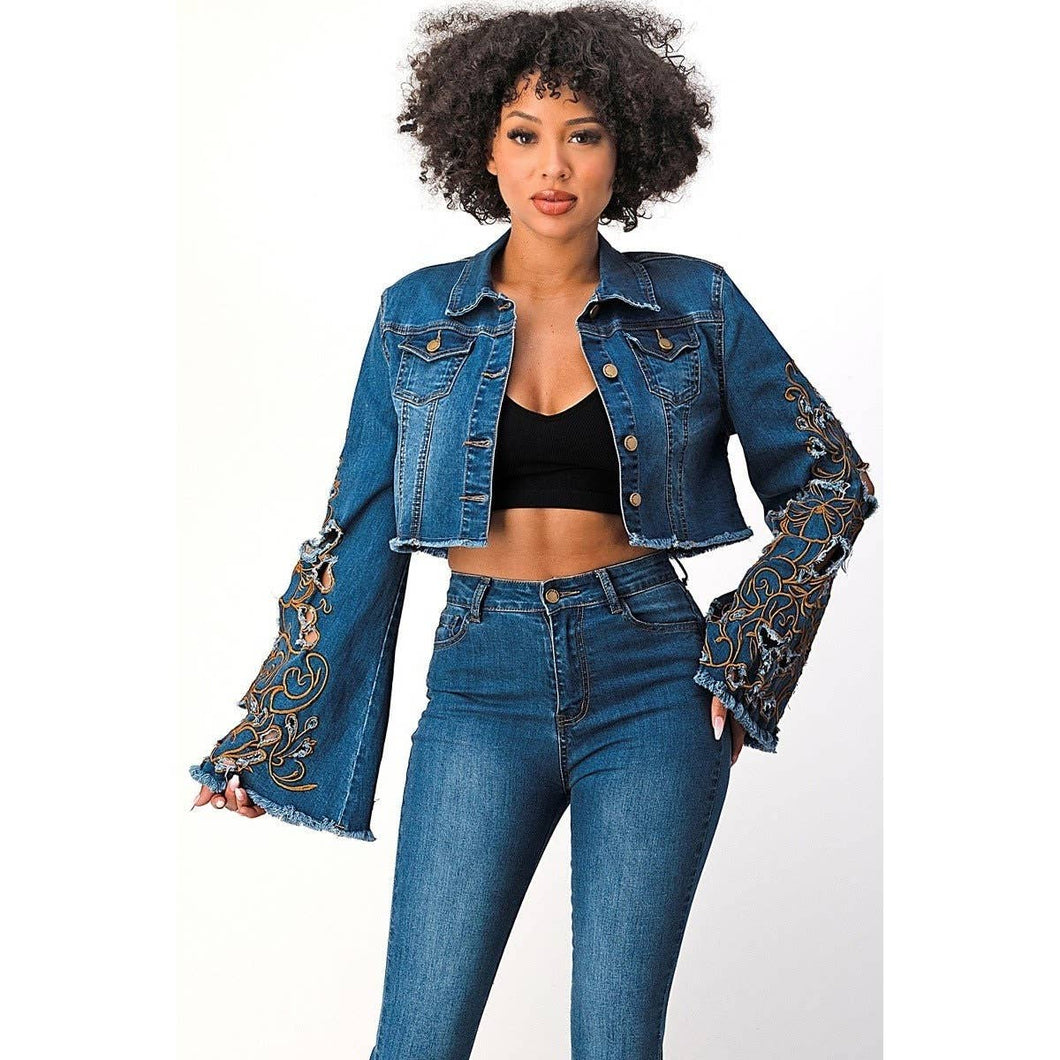 Denim Blue Acid Washed Flare Embroidered Jacket