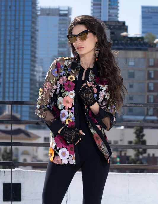 Black Button Down Top with Floral Multi Color Embroidery