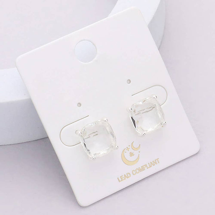 Silver Clear Cushion Square Stone Stud Evening Earrings