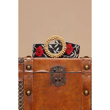 Black Red flower print circular POL buckle belt