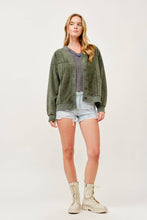 Green Washed Button-Front Cardigan Jacket with Pockets
